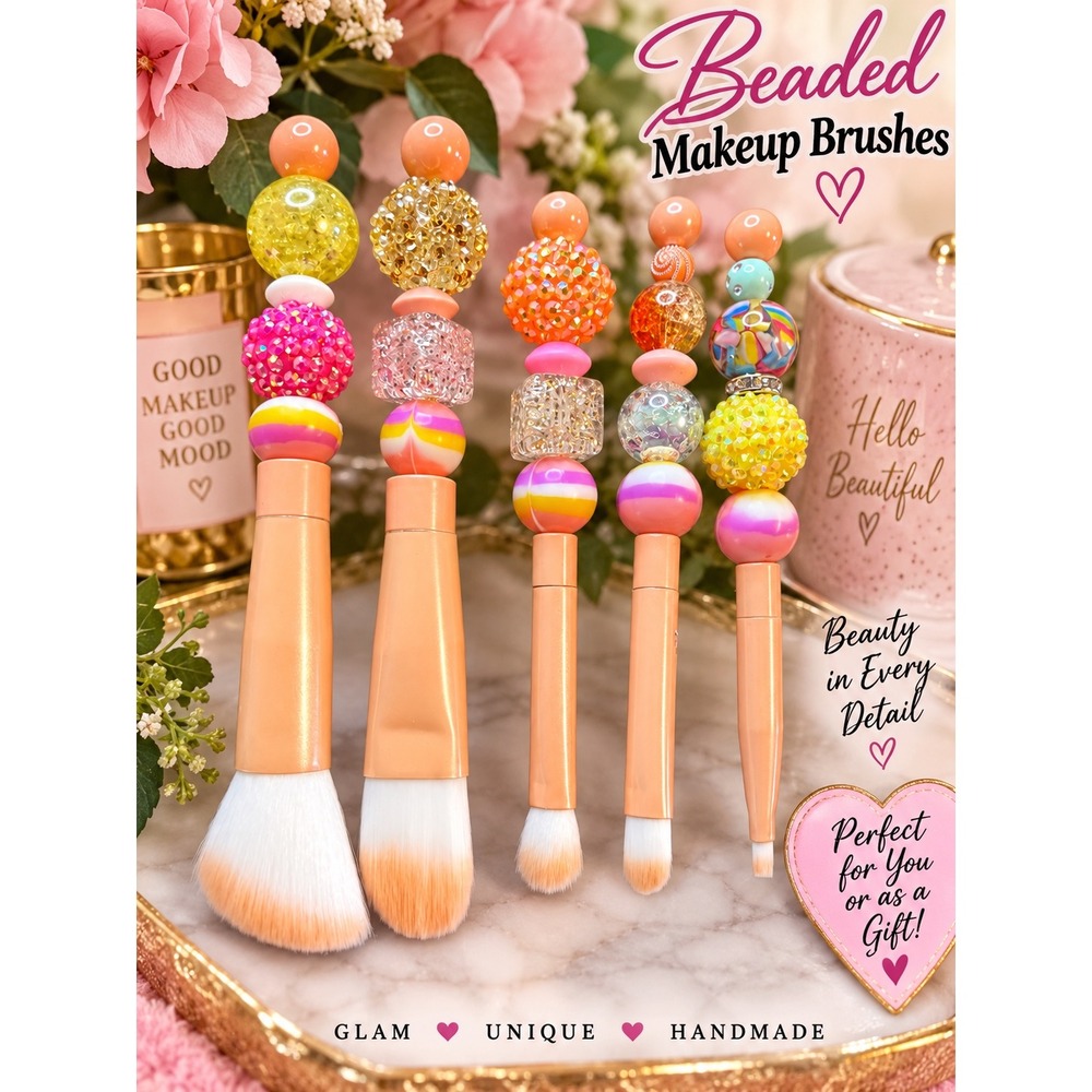 Handmade Beaded Makeup Brushes 5pc Set Pink Orange Yellow Glam Bubblegum Beads